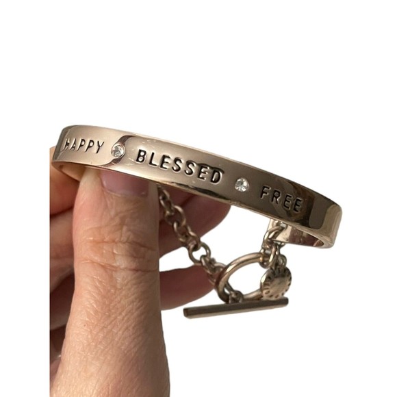 BCBGeneration Rose Gold-tone Rhinestone Happy Blessed Free Bangle Cuff Bracelet - Picture 3 of 10